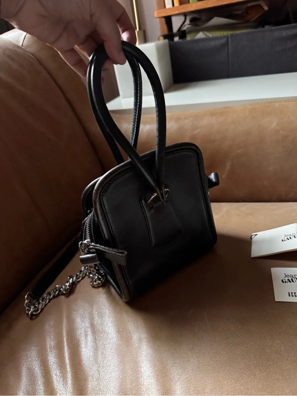 Jean Paul Gaultier Dark Green Leather Crossbody Chain Strap and short handles
